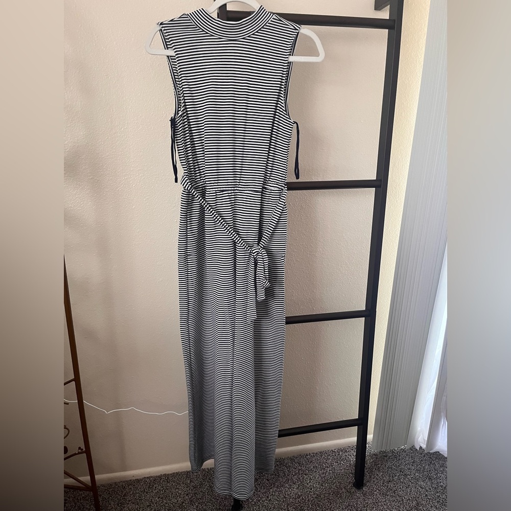 GAP Black & White Striped Sleeveless Tie-Waist Maxi Jumpsuit